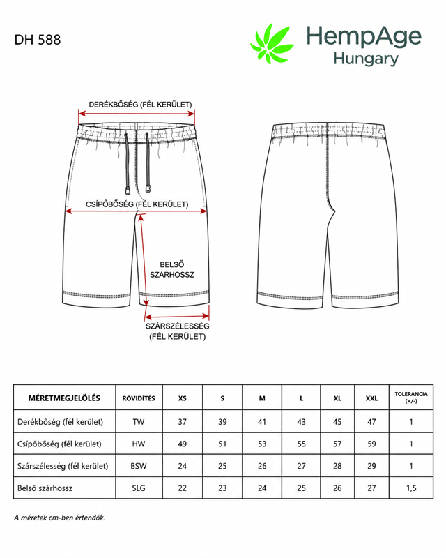 HempAge DH588 férfi kender rövidnadrág mérettáblázata és mérési útmutatója