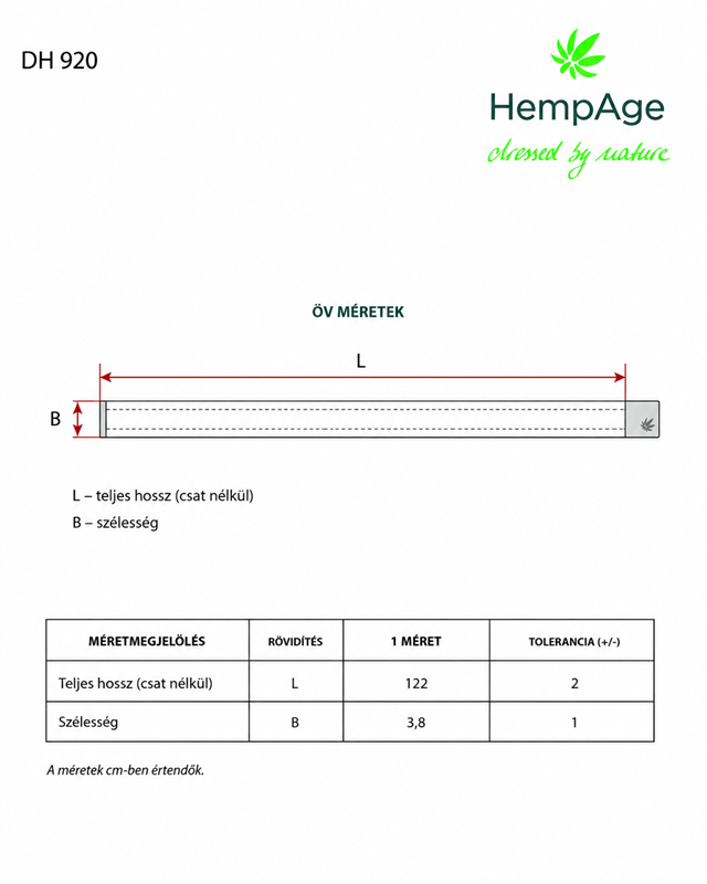 HempAge DH920 állítható kender–biopamut öv mérettáblázata
